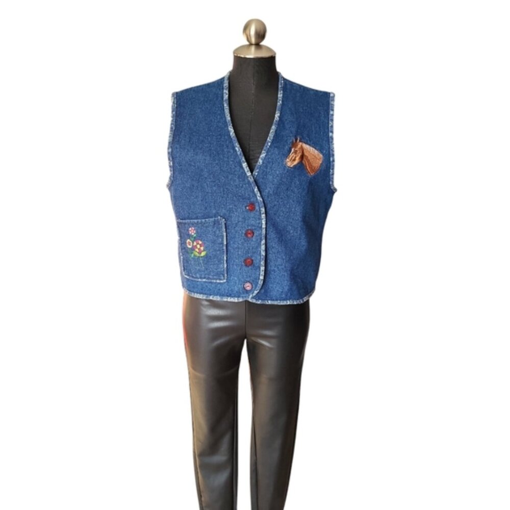 Western Denim Vest Embroidered Horse Floral Handcrafted Unique Equestrian